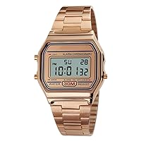 VIGOROSO Men Lady Vintage Retro Gold Stainless Steel Digital Casual Watch Alarm Stopwatch