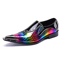 Mens Loafer Shoes Formal Dress Prom Rainbow Burnished Genuine Leather Lined Rivet Metal Cap Tip Sleek Luxury Party Shoes