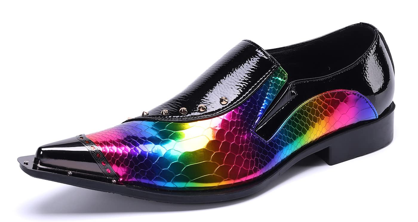 Santimon Mens Loafer Shoes Formal Dress Prom Rainbow Burnished Genuine Leather Lined Rivet Metal Cap Tip Sleek Luxury Party Shoes