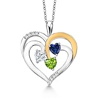 Gem Stone King 925 2-Tone Sterling Silver and White White Moissanite Blue Created Sapphire and Green Peridot Pendant Necklace For Women (1.42 Cttw, Heart Shape 5MM, 18 Inch Chain)