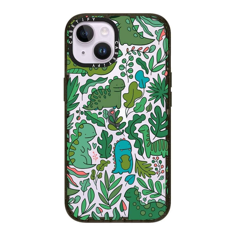 CASETiFY Impact iPhone 14 Case [4X Military Grade Drop Tested / 8.2ft Drop Protection] - Funny Green Dinos. Cute Dinosaurs - Glossy Black