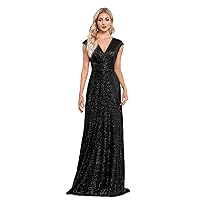 Women's Elegant V Neck Evening Dresses Sequins Sleeveless Formal Long Prom Party Gown