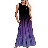 Women Ruffle T-Shirt Dress Summer Sleeveless Maxi Dresses with Pocket Casual Loose Long Tunic Dress Flowy Sundress