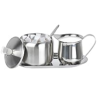 Sugar and Creamer Set, Coffee Serving Set, Stainless Steel Latte Milk Cup Cream Jug and Sugar Bowl with Lid and Spoon Tray Server for Coffee Tea Pepper Spices