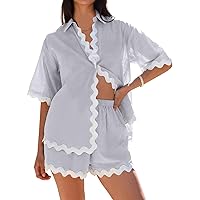 MEROKEETY Women's 2024 Summer Casual Lounge Sets Short Sleeve Button Shirts Tops and Shorts 2 Piece Outfits