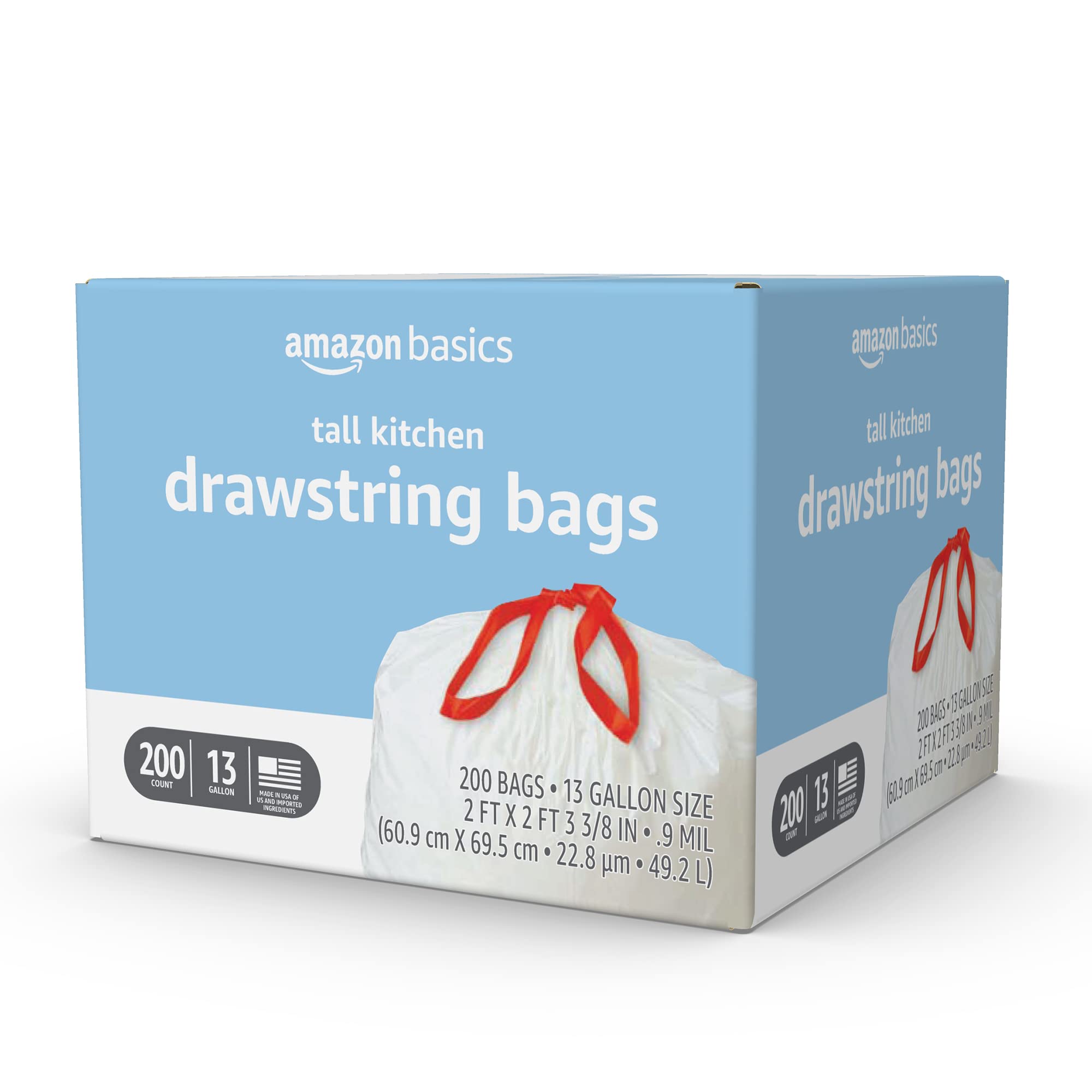 Amazon Basics Tall Kitchen Drawstring Trash Bags, Clean Fresh Scent, 13 Gallon, 200 Count (Previously Solimo)