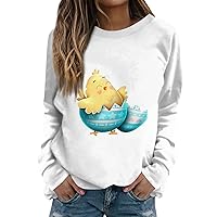 Holiday Easter Shirts for Women Crewneck Long Sleeve Plus Size Bunny & Eggs Print Comfy Sweatshirts Pullover S-3XL