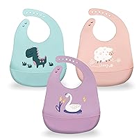 Silicone Baby Bibs with Food Catcher (Set of 3) - BPA Free Plastic, Durable and Adjustable Bib - Silicone Bibs for Babies, Toddlers, Boys, and Girls- Rubber Bibs - Silicone Baby Bibs with Pouch