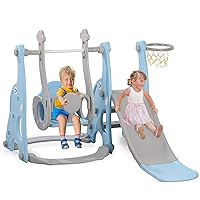Children's Four in One Slide Swing，with Basketball Frame and Ball Extra Long Slide，Children's That Can Be Installed at Will Indoor Outdoor Garden (Blue)