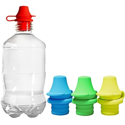 No Spill Water Bottle Caps - BPA Free Silicone Water Bottle Top, 28mm Replacement Bottle Spout Adapter, Pouch Topper for Toddlers, Baby and Adults - 4 Pack Bundle (Red, Blue, Green, Yellow)