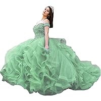 Women's Crystal Quinceanera Dresses Sweet 16 Dress with Detachable Short Sleeves