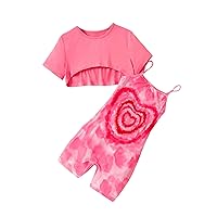 WDIRARA Girl's 2 Piece Outfits Round Neck Short Sleeve Top and Tie Dye Heart Print Romper Set