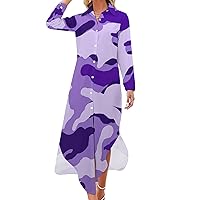 Purple Camouflage Shirt Dresses for Women Elegant Button Down Front Long Sleeve Maxi Dress