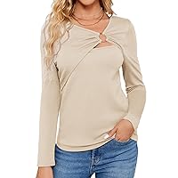 JASAMBAC Women's 2023 Fall Casual Long Sleeve Cutout T Shirts Slim Fitted Solid Color Basic Tee Tops