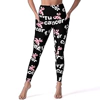 Fuck Cancer Hawaiian Flowers Women's Yoga Pants Leggings with Pockets High Waist Compression Workout Pants