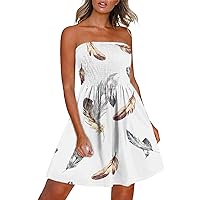 Womens Feather Print Trendy Bandeau Beach Dresses Summer Smocked High Waist Casual Flowy Strapless A-Line Dress