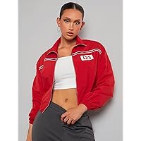 Jackets Women for Jackets - Letter Graphic Zip Up Jacket (Color : Red, Size : X-Small)