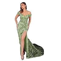 Women's Floral Off Shoulder Mermaid Prom Dresses with Slit Sweetheart Tulle Foraml Evening Party Gowns