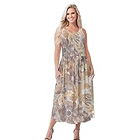 Women's Beige and Cream Floral Sleeveless Maxi Dress with Pockets