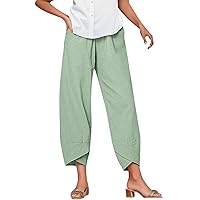 Linen Capri Pants for Women Casual Cropped Linen Pants Wide Leg Linen Capris with Pockets Elastic Waist Baggy Crop Trousers