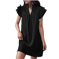 Deal of The Day Today Womens Summer V-Neck Dress Ruffle Cap Short Sleeve Sundress Loose Mini T-Shirt Dresses Cotton Linen Tunic Dress Womens Black Dress