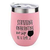 Surviving Gnarantine Sip At A Time Wine Tumbler Funny Wine Coffee Mug 12 oz Stainless Steel Stemless Wine Glass Christmas Valentine Gift for Women Wine Cups with Lids for Coffee Wine Cocktails