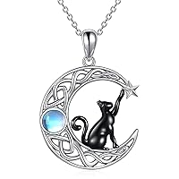 LSxAB Moonstone Cat On Moon Animal Necklace Celtic Knot Crescent Pendant Necklaces for Women Girls