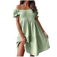 Off The Shoulder Dresses for Women, 2023 Summer Ruffle Dress Trendy Casual Smocked Sundress Puff Sleeve Swing Dress