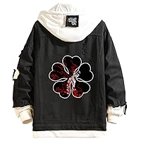 Anime Black Clover Hoodie Denim Jacket Unisex Ripped Jean Coat Cosplay Pullover Hooded Sweatshirt