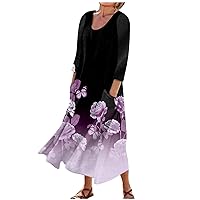 Women Summer Dresses 2024 Outdoor Floral 3/4 Sleeve Dress Casual Loose Round Neck Midi Sundress with Pockets