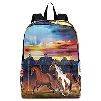 Western Running Wild Horses at Sunset Landscape Large Portable Laptop Backpack Durable Travel Bag for Men Women School Bookbag Work Fit 16.5 Inch Notebook