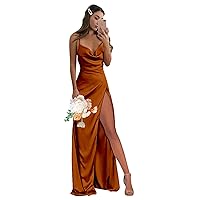 Cowl Neck Satin Bridesmaid Dresses for Wedding Mermaid Spaghetti Straps Long Prom Party Gown with Slit