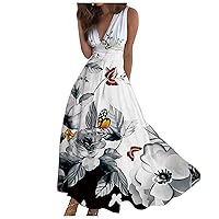 Summer Dresses for Women 2024 Casual Swing A Line Fashion Floral Print Sleeveless V Neck Long Dress