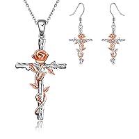 LUHE Women Cross Necklace and Earrings Jewelry Set Sterling Silver Rose Flower Religious Cross Pendant Necklace Jewelry Gifts for Women Girls