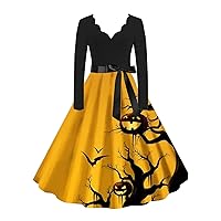 Womens Halloween Pumpkin Coffee Cocktail Swing Dress 1950s Vintage Rockabilly Pinup Audrey Hepburn Dresses with Belt