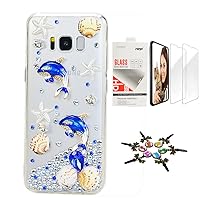 STENES Sparkle Case Compatible with Samsung Galaxy Note 20 Ultra Case - Stylish - 3D Handmade Bling Dolphin Starfish Shell Design Cover Case with Screen Protector [2 Pack] - Blue