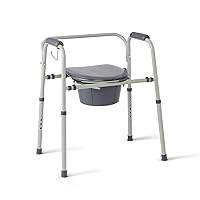 Medline 3-in-1 Steel Adjustable Bedside Commode w/ Microban Protection, Portable Bedside Toilet, 350 lb. Weight Capacity, Removable 7.5 QT. Bucket, Toilet Chair For Elderly, Tool-Free Assembly, Gray