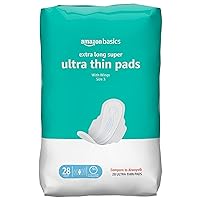 Amazon Basics Ultra Thin Pads with Flexi-Wings for Periods, Extra Long Length, Super Absorbency, Unscented, Size 3, 28 Count, 1 Pack (Previously Solimo)