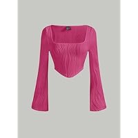 Women's T-Shirt Square Neck Asymmetrical Hem Crop Tee T-Shirt for Women T-Shirt (Color : Pink, Size : Large)
