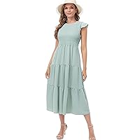 Women's 2023 Summer Casual Dresses Flutter Short Sleeve Crew Neck Smocked Elastic Waist Tiered Midi Dress23-LYQ-Light Green-M