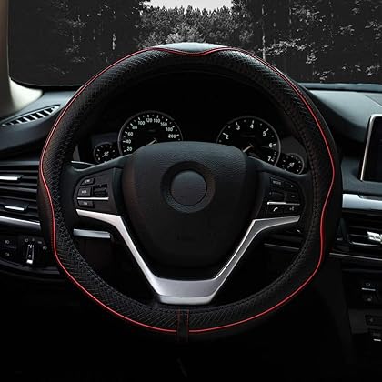 Valleycomfy Steering Wheel Covers Universal 15.75 inch - Genuine Leather, Breathable, Anti Slip & Odor Free (Black with Red Lines, L(15