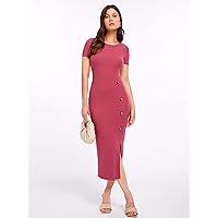 Women's Dress Dresses for Women Button Detail Split Hem Rib-Knit Dress Dresses for Women (Color : Rose Red, Size : Small)