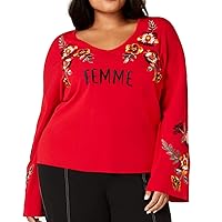 INC Femme Women's Plus Size Floral Embroidered Bell Sleeve Pullover Sweater