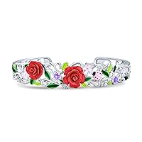 Romantic Delicate Bow Floral Blooming Spring Garden Flower CZ Green CZ Leaf 3D Carved Red Rose Stud Earrings Cuff Bracelet For Women Teen .925 Sterling Silver