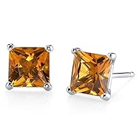 Peora Solid 14K White Gold Citrine Stud Earrings for Women, Genuine Gemstone Birthstone Classic Solitaire Princess Cut, 6mm, 2 Carats total, Friction Back