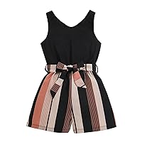 Girls Romper Jumpsuit Toddler Girls Summer Sleeveless Stripe Prints Vest Jumpsuit and Belt Casual (Black, 7-8 Years)