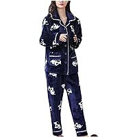 2 Piece Pajama Set for Women Fuzzy Fleece Pant Sets Matching Lapel Collar Button Down Sleepwear Winter Warm Flannel Pj Sets