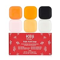 Koji White Kojic Acid Skin Brighten & Glowing Soap, Gift Set for Women with Kojic Acid, Papaya, Glutathione, Vitamin C, Collagen, Charcoal for Hydrating Facial & Body, Vegan Soap, 2.8 Oz (6 Bars)