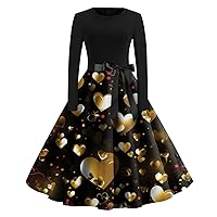 50s Dresses for Women Valentine's Day Love Heart Party Dress Crewneck Long Sleeve Tie A-Line Swing Vintage Dress