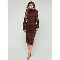 Womens Fall Fashion 2022 Mock Neck Ruched Bodycon Dress (Color : Chocolate Brown, Size : Large)